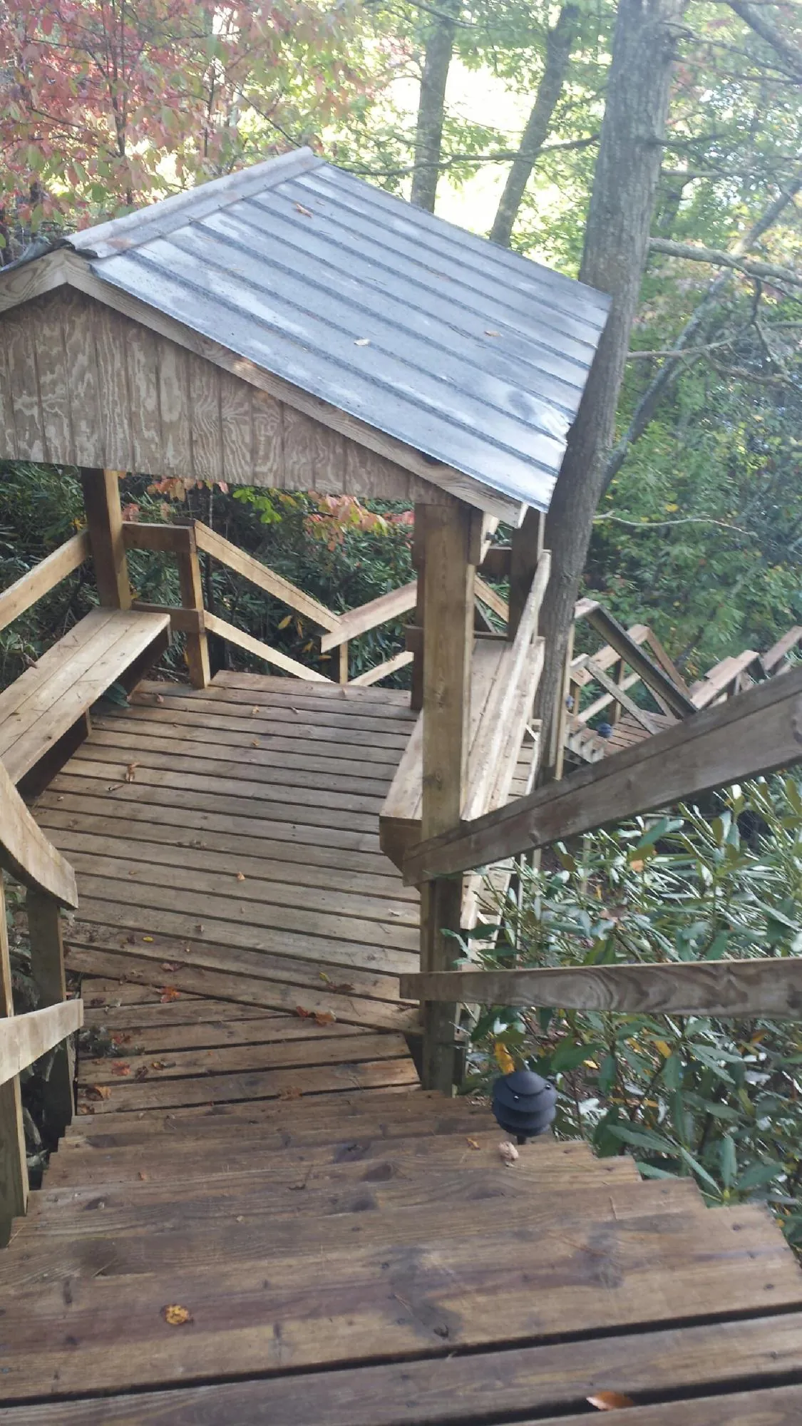 Metal roofed shelter over wooden steps on a wooded walkway — Skylight Repair & Installation work by our crew in Rosharon